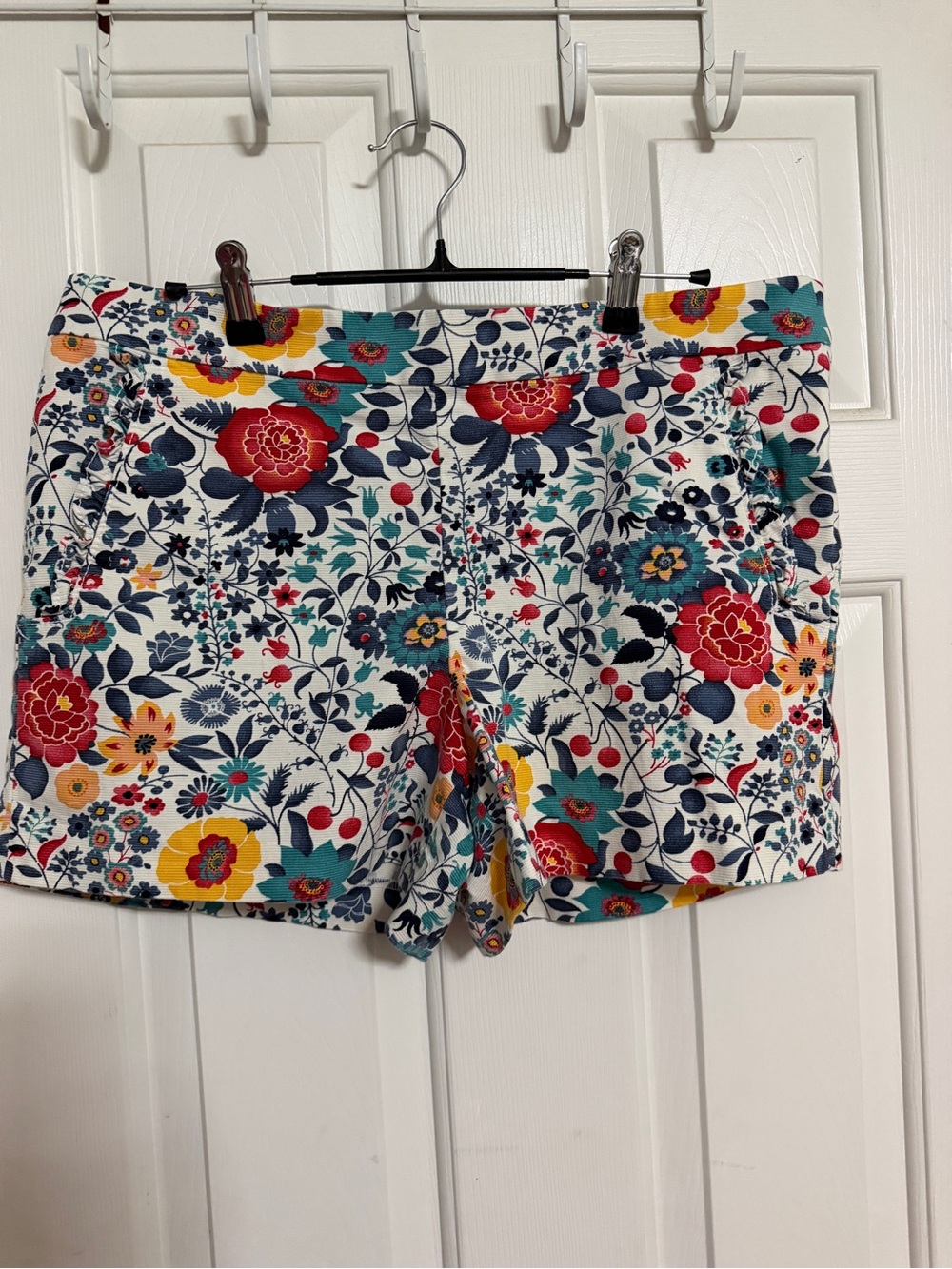 LOFT White Floral Print Bermuda Shorts with Red, Yellow & Teal Accents